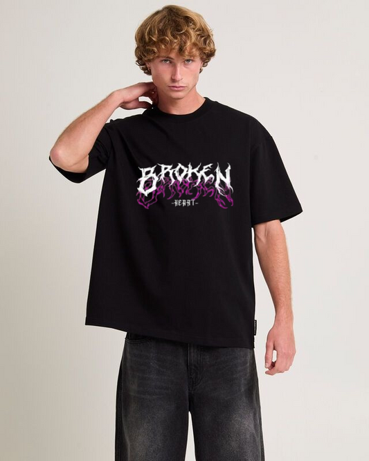 "Broken Heart Oversized Flame Tee – Purple Burn Edition"